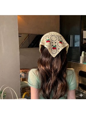 Örgü Üçgen Bandana Kirazlı Krem Saç Bandı Kadın Genç Kız Çocuk Yazlık Bohem Vintage Kore Tarzı Ayçiçek
