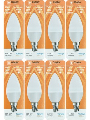 Avarson (8 adet) Osaka 7W (50W) Beyaz Işık (6500K) E14 Duylu (Ince Duy) LED Mum Ampul