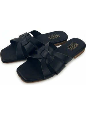 Meril Shoes Riva Hakiki Deri Düz Taban Rahat Yazlık Kadın Terlik - Siyah