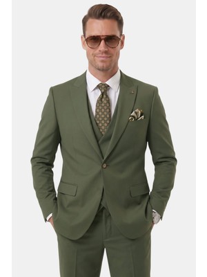 Rizzup Erkek Yeşil Italyan Kesim Slim Fit 3’lü Takım Elbise – Likralı Yelekli Yazlık Takım 2600684