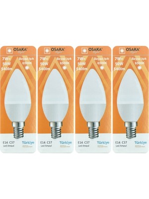 Avarson (4 adet) Osaka 7W (50W) Beyaz Işık (6500K) E14 Duylu (Ince Duy) LED Mum Ampul