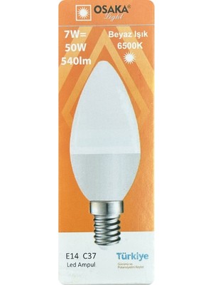 Avarson (1 adet) Osaka 7W (50W) Beyaz Işık (6500K) E14 Duylu (Ince Duy) LED Mum Ampul