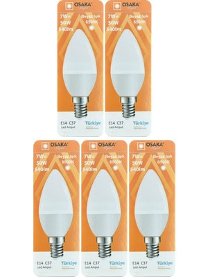 Avarson (5 adet) Osaka 7W (50W) Beyaz Işık (6500K) E14 Duylu (Ince Duy) LED Mum Ampul