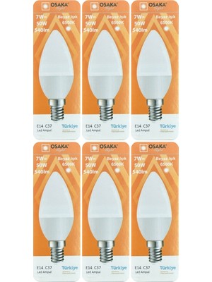 Avarson (6 adet) Osaka 7W (50W) Beyaz Işık (6500K) E14 Duylu (Ince Duy) LED Mum Ampul