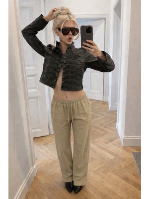 Damga Kadın Trend Düşük Bel Bol Bej Keten Pantolon