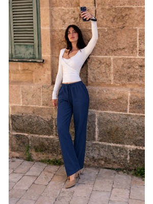 Damga Kadın Beli Lastikli Jogger Lacivert Keten Pantolon
