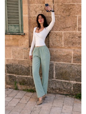 Damga Kadın Beli Lastikli Jogger S.yeşil Keten Pantolon