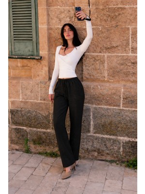 Damga Kadın Beli Lastikli Jogger Siyah Keten Pantolon