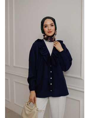 Moonsc Kadın Regular Fit V Yaka Önü Fırfır Detaylı Tesettür Lacivert Gömlek