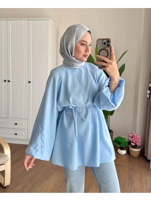 Moonsc Kadın Balon Kol Bel Bağlamalı %100 Pamuk Bisiklet Yaka Standart Beden Mavi Tesettür Gömlek