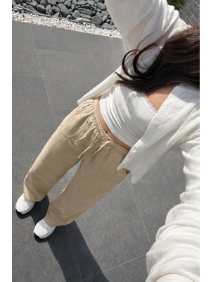 Damga Kadın Premium Jogger Relax Fit Yazlık Bej Keten Pantolon