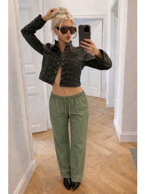 Damga Kadın Trend Düşük Bel Bol Yeşil Keten Pantolon