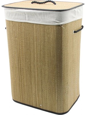 Renas Store Di̇kdörtgen Hasir - Ahşap Ki̇rli̇ Çamaşir Sepeti̇ 42X32X60CM Seyyar Kapakli Içi̇ Bezli̇ Ip Kulplu (5047)