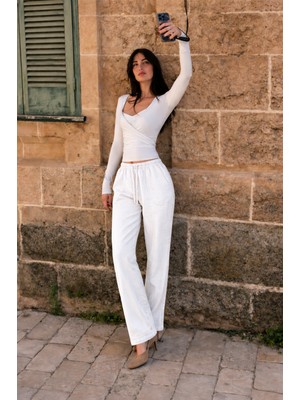Damga Kadın Beli Lastikli Jogger Beyaz Keten Pantolon