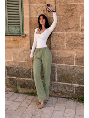 Damga Kadın Beli Lastikli Jogger Yeşil Keten Pantolon