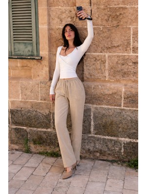 Damga Kadın Beli Lastikli Jogger Bej Keten Pantolon
