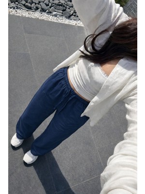 Damga Kadın Premium Jogger Relax Fit Yazlık Lacivert Keten Pantolon