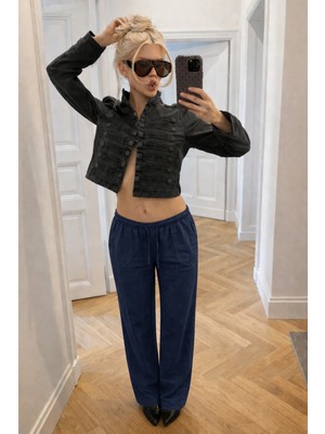 Damga Kadın Trend Düşük Bel Bol Lacivert Keten Pantolon