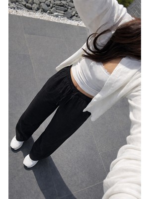 Damga Kadın Premium Jogger Relax Fit Yazlık Siyah Keten Pantolon