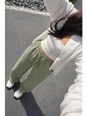 Damga Kadın Premium Jogger Relax Fit Yazlık Yeşil Keten Pantolon