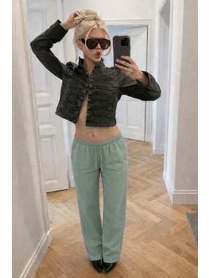 Damga Kadın Trend Düşük Bel Bol S.yeşil Keten Pantolon