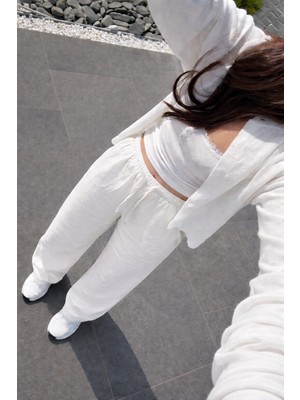 Damga Kadın Premium Jogger Relax Fit Yazlık Beyaz Keten Pantolon