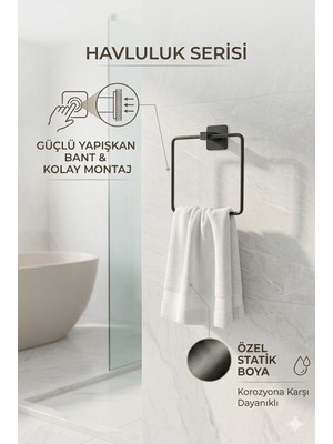 Riya Home Ev & Dekorasyon Yapışkanlı Kare Siyah Kare Havluluk, Havlu Askısı