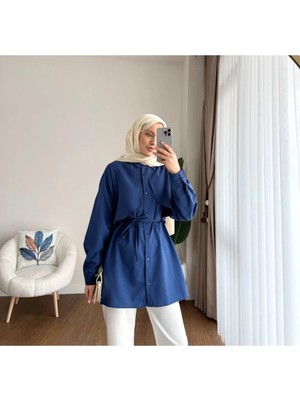 Moonsc Kadın Regular Fit Pelerinli Bel Bağlamalı Standart Beden Lacivert Tesettür Gömlek - Tunik