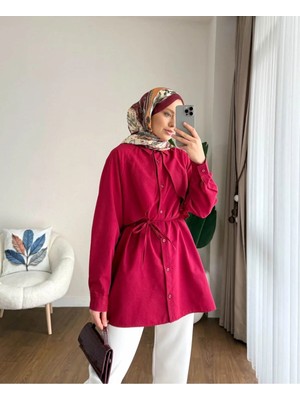 Moonsc Kadın Regular Fit Pelerinli Bel Bağlamalı Standart Beden Bordo Tesettür Gömlek - Tunik