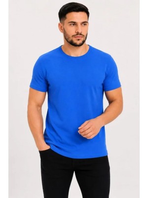 Efnaz Style Erkek Basic Tişört Bisiklet Yaka Kısa Kol Günlük Yazlık Slim Fit T-Shirt - Saks Mavisi