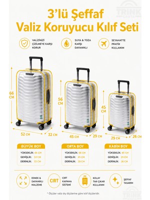 Trink Çanta Şeffaf Valiz Koruyucu Kılıf ve Bavul Koruyucu Kılıf - 3'l Ü Set ( Büyük +Orta + Kabin ) * Sarı  Biye *