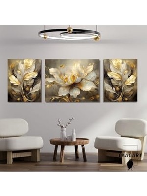 Die Grup 3lü Kanvas Şık Salon Duvar Tablosu Gold Sarı Beyaz Çiçek Dizayn, 40 x 60
