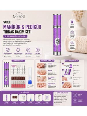 Mersi Shop Şarjlı Manikür Pedikür Tırnak Bakım Seti 12 Başlıklı USB Şarjlı