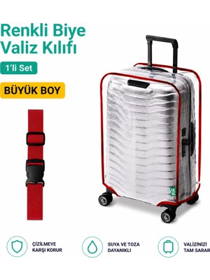 Trink Çanta Şeffaf Valiz Koruyucu Kılıf ve Valiz  Kemeri * 1'er Adet  *  Kırmızı - Büyük
