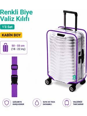 Trink Çanta Şeffaf Valiz Koruyucu Kılıf ve Valiz  Kemeri * 1'er Adet  *  Lila - Kabin