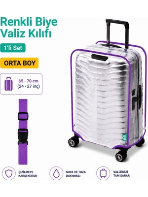 Trink Çanta Şeffaf Valiz Koruyucu Kılıf ve Valiz  Kemeri * 1'er Adet  *  Lila - Orta