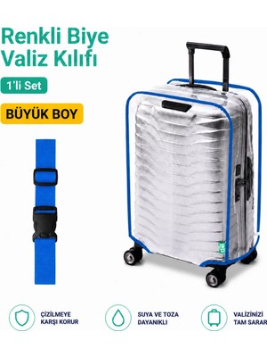 Trink Çanta Şeffaf Valiz Koruyucu Kılıf ve Valiz  Kemeri * 1'er Adet  *  Mavi - Büyük