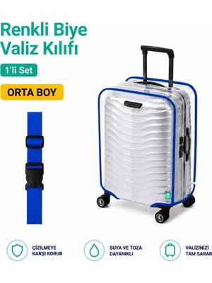 Trink Çanta Şeffaf Valiz Koruyucu Kılıf ve Valiz  Kemeri * 1'er Adet  *  Mavi - Orta