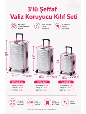 Trink Çanta Şeffaf Valiz Koruyucu Kılıf ve Bavul Koruyucu Kılıf - 3'l Ü Set ( Büyük +Orta + Kabin ) * Pembe Biye  *