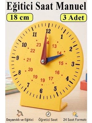 Artlantis Saat Öğretimi Materyali 3 Adet 18 cm Plastik Ayaklı Eğitim Saati Manuel Saat Modeli Kadran Akrep Yelkovan