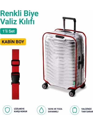Trink Çanta Şeffaf Valiz Koruyucu Kılıf ve Valiz  Kemeri * 1'er Adet  *  Kırmızı - Kabin