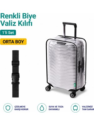 Trink Çanta Şeffaf Valiz Koruyucu Kılıf ve Valiz  Kemeri * 1'er Adet  *  Siyah - Orta