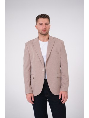 Bonesti Erkek Slim Fit Blazer Ceket Bej Beyaz Noktalı