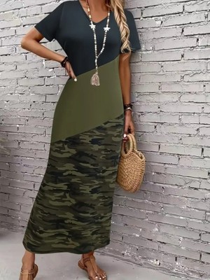 Efnaz Style Kadın Kısa Kollu Bisiklet Yaka Çok Renkli Maksi Viskon Elbise
