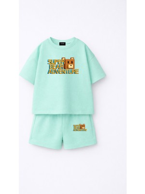 Fasardi Super Bear Adventure Süper Ayı Baskılı Oversize %100 Pamuk Tişört Şort 2li Çocuk Takım