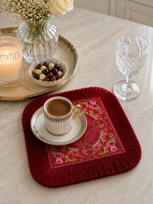 Karam Home Bordo Ottoman Desenli Püsküllü Kahve Yanı Sunumluğu