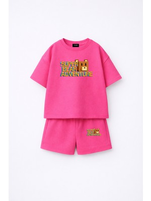 Fasardi Super Bear Adventure Süper Ayı Baskılı Oversize %100 Pamuk Tişört Şort 2li Çocuk Takım