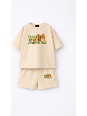 Fasardi Super Bear Adventure Süper Ayı Baskılı Oversize %100 Pamuk Tişört Şort 2li Çocuk Takım