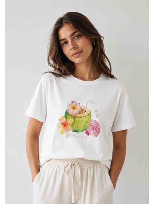 Bisou Tropikal Hindistan Cevizi Baskılı T-Shirt Rahat Kesim