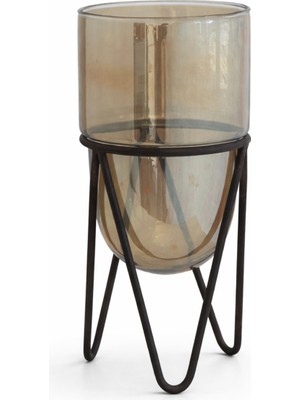 Warm Design Siyah-Kahverengi Dekoratif Metal Standlı Cam Sütun Mumluk Modern